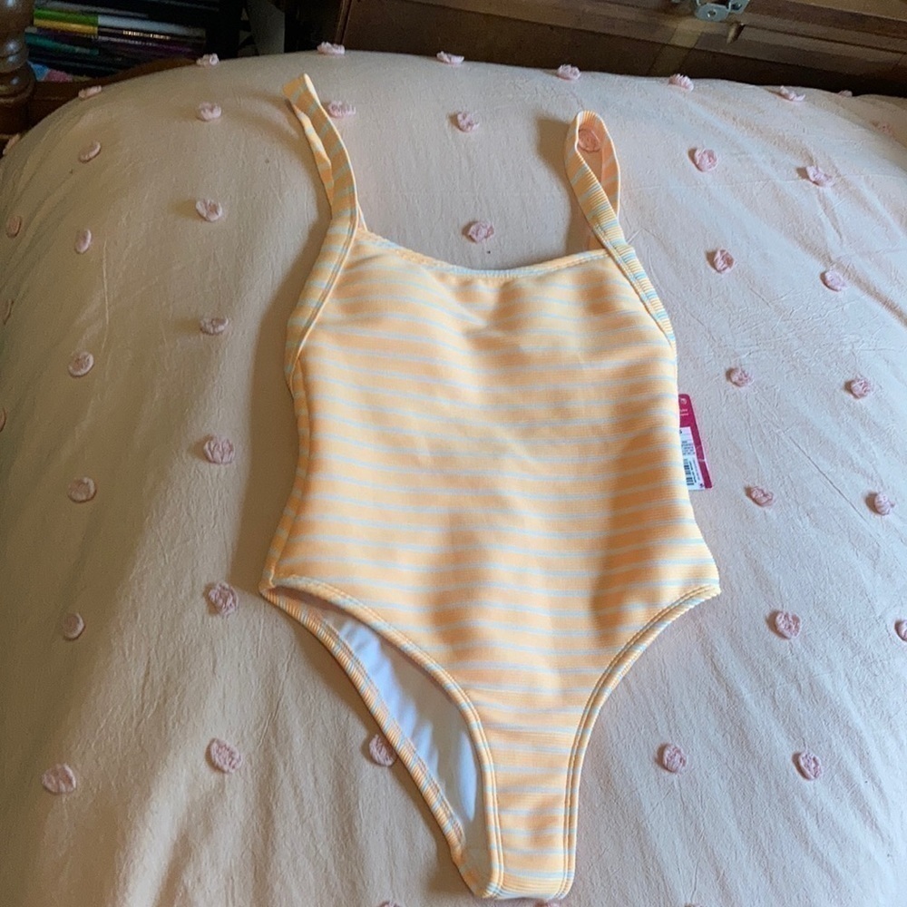 Ribbed Orange and white striped square neck suit